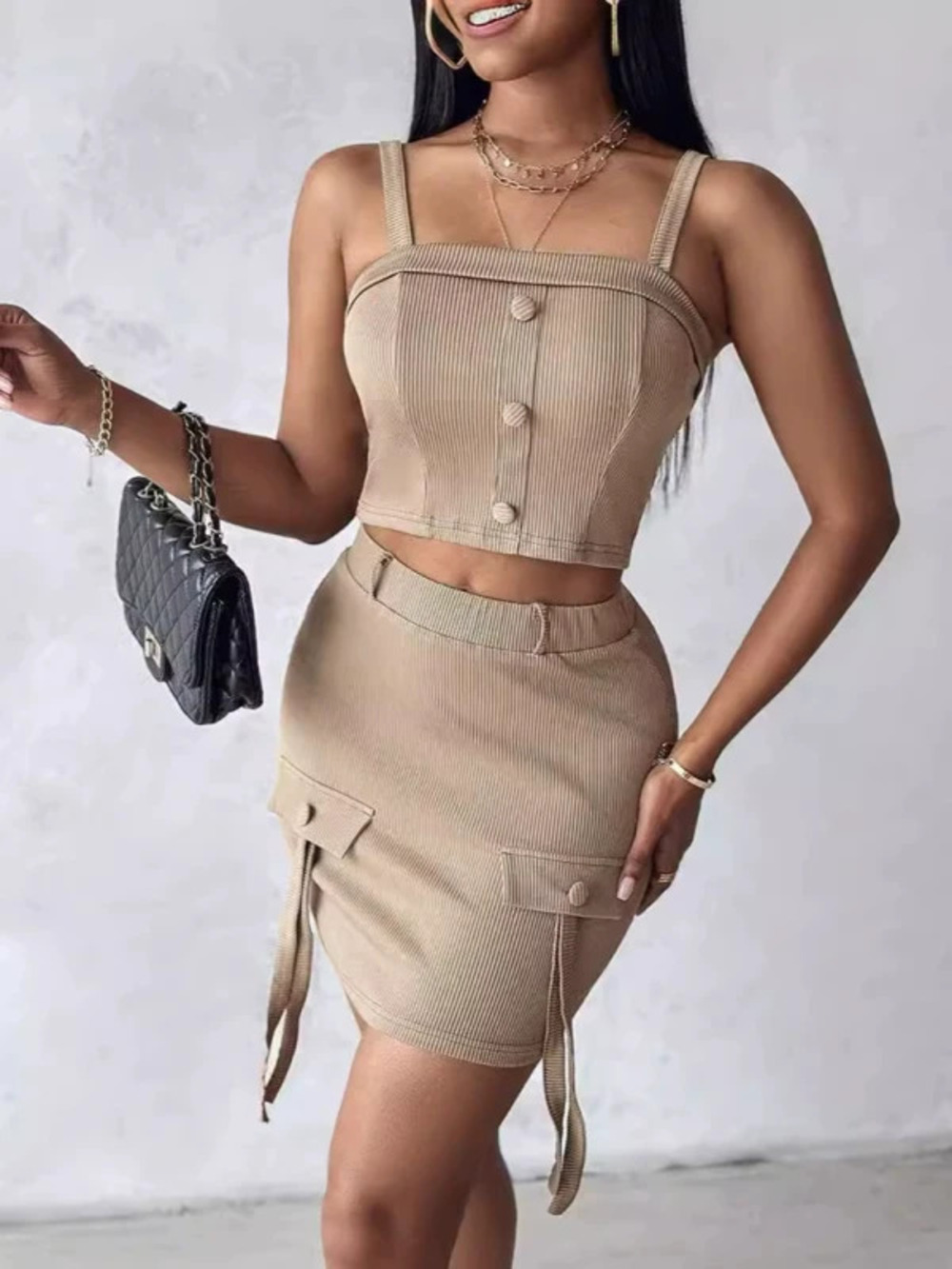 H&M Trendy Two Piece Set Button Square Neck Cami Top and Flap Detail Skirt